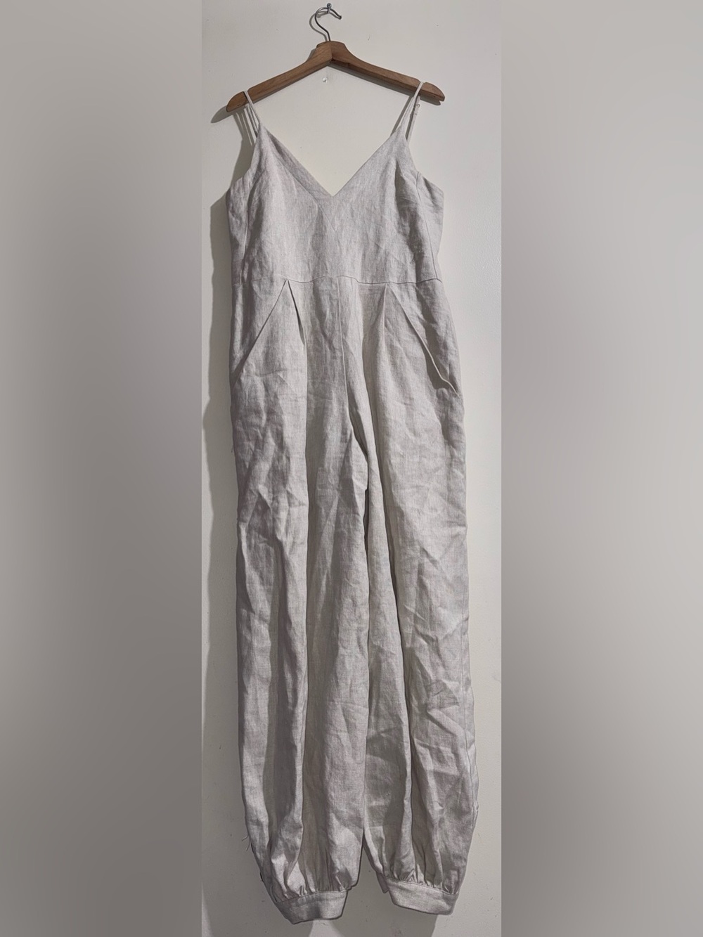 Shona Joy Cream Linen V-Neck Spaghetti Strap Jumpsuit With stains